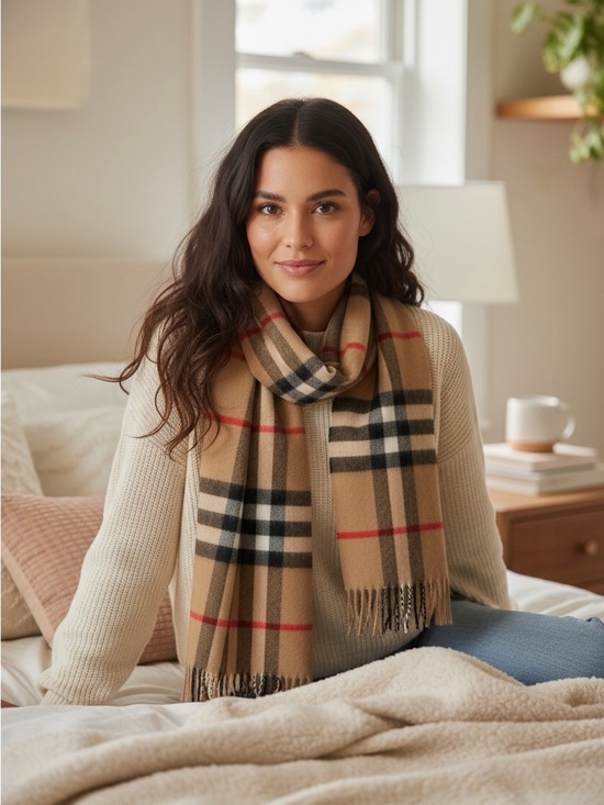 Burberry Accessories - Burberry Camel Plaid Wool Scarf with Black & Red Checks